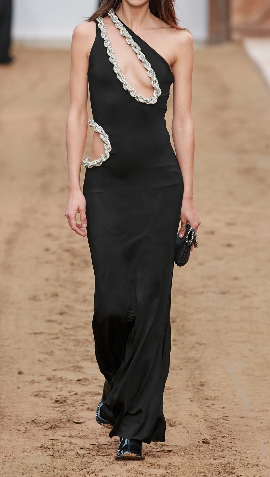 CRYSTAL BRAIDED ROPE CUT-OUT MAXI DRESS IN BLACK