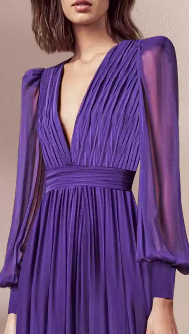 AIIZIE PURPLE CHIFFON LONG DRESS WITH SHEER SLEEVES AND WAIST PLEATS - product image