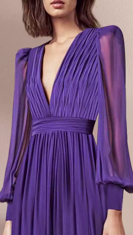 PURPLE CHIFFON LONG DRESS WITH SHEER SLEEVES AND WAIST PLEATS