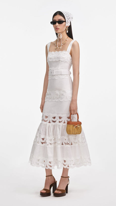 KEANE LACE INSERT BELTED MIDI DRESS