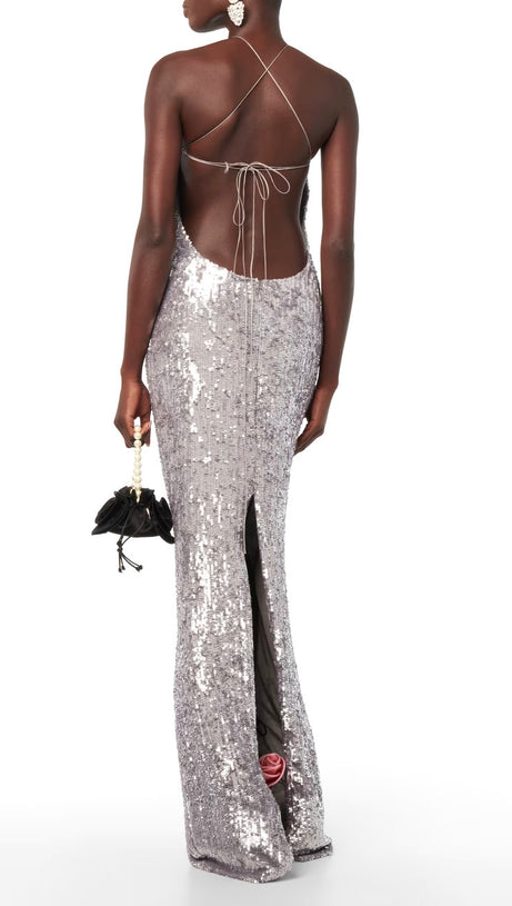 WINIFRED FLORAL-APPLIQUÉ SEQUIN MAXI DRESS SILVER