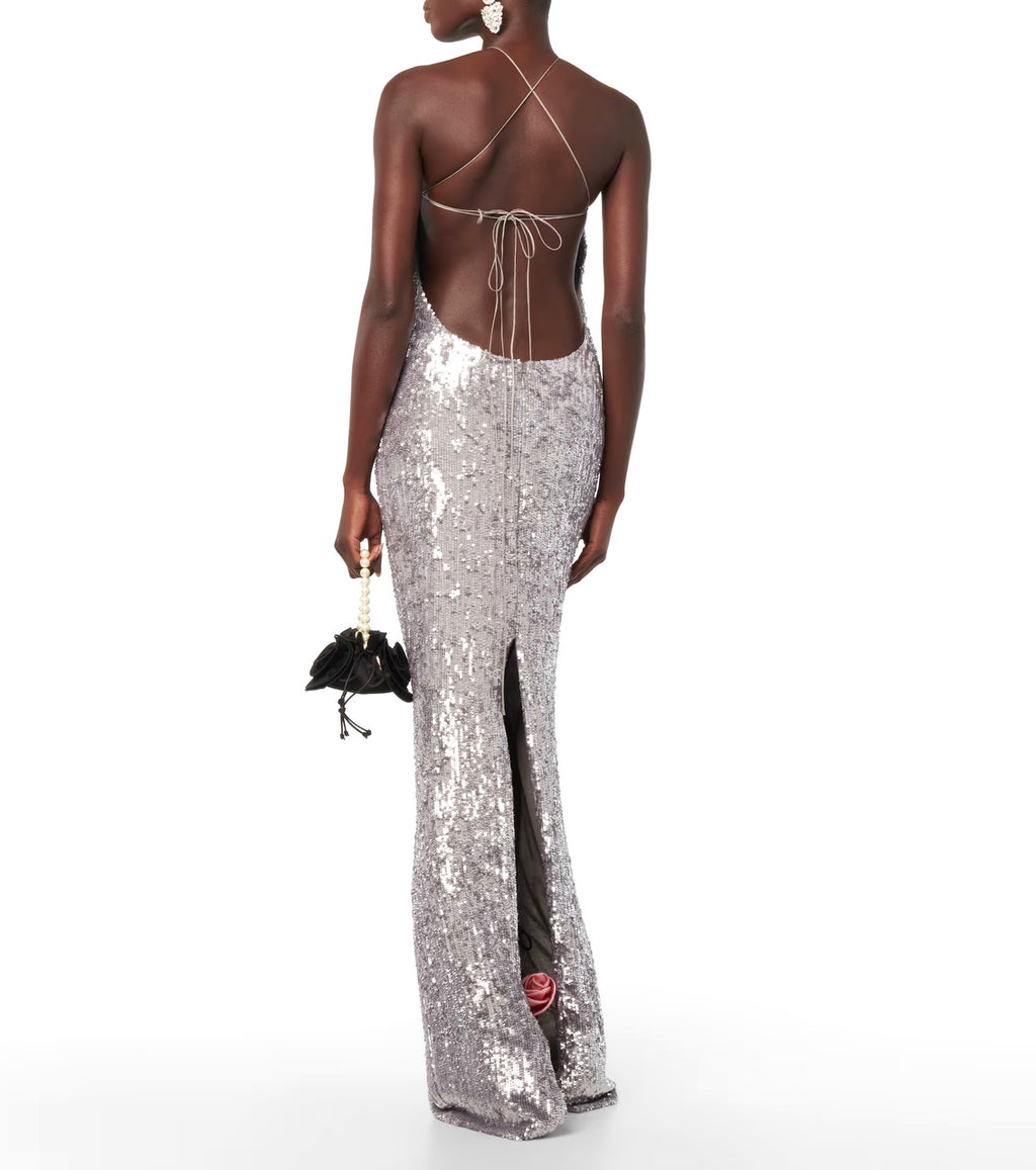 WINIFRED FLORAL-APPLIQUÉ SEQUIN MAXI DRESS SILVER