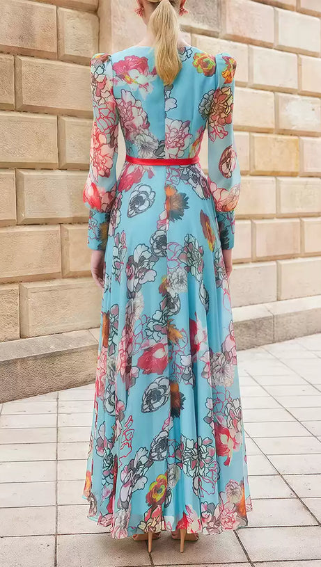 BLUE FLORAL PRINT V - NECK MAXI DRESS WITH RED BELT