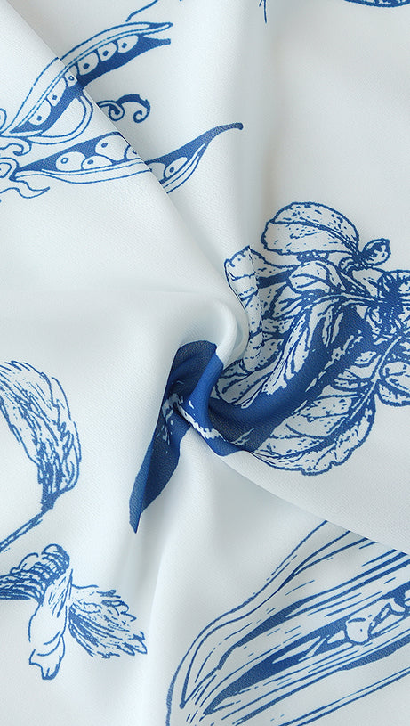 WHITE MAXI DRESS WITH BLUE VEGETABLE PRINTS AND CAP SLEEVES