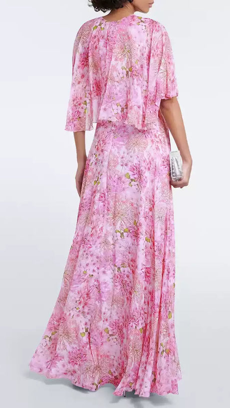 PINK FLORAL CHIFFON CAPE - SLEEVE MAXI DRESS