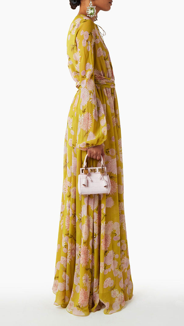 AIIZIE YELLOW FLORAL MAXI DRESS WITH FLOWY SLEEVES AND BELTED WAIST - product image
