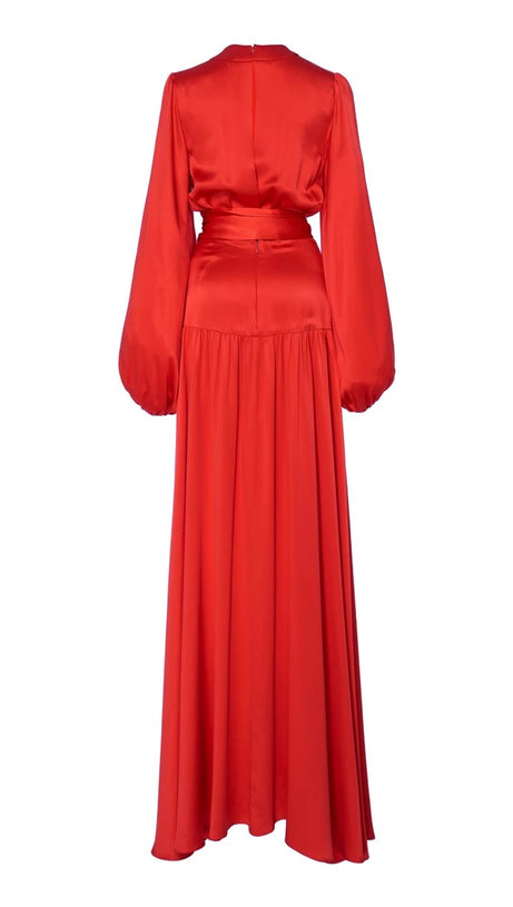 RED SATIN WRAP MAXI DRESS WITH PUFF SLEEVES AND BELT