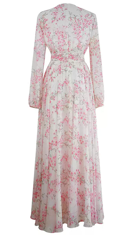 PINK FLORAL CHIFFON MAXI DRESS WITH LONG SLEEVES