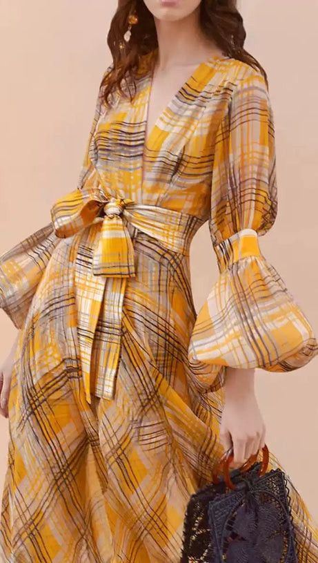 YELLOW PLAID LONG DRESS WITH BELTED WAIST AND FLARED SLEEVES