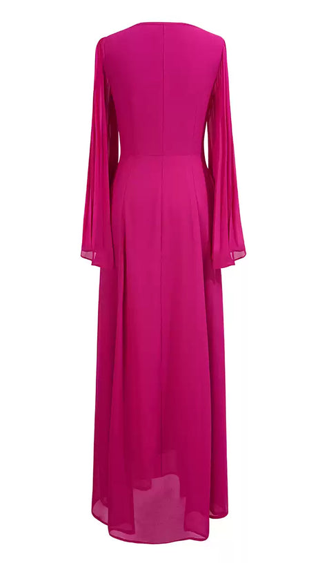 ELEGANT FUCHSIA MAXI DRESS WITH SHEER BELL SLEEVES