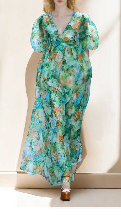 TEAL FLORAL MAXI DRESS WITH PUFF SLEEVES AND V - NECK