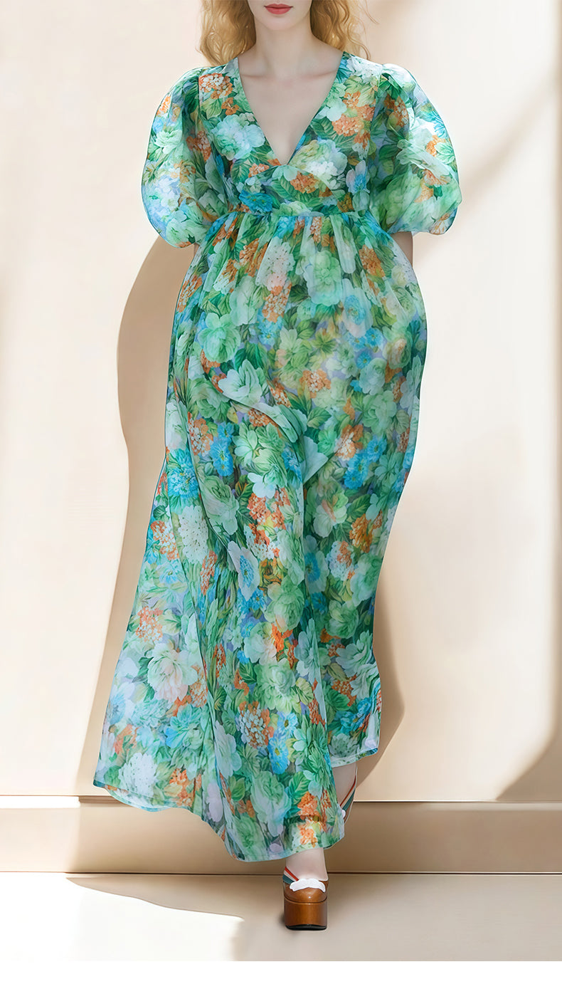 TEAL FLORAL MAXI DRESS WITH PUFF SLEEVES AND V - NECK