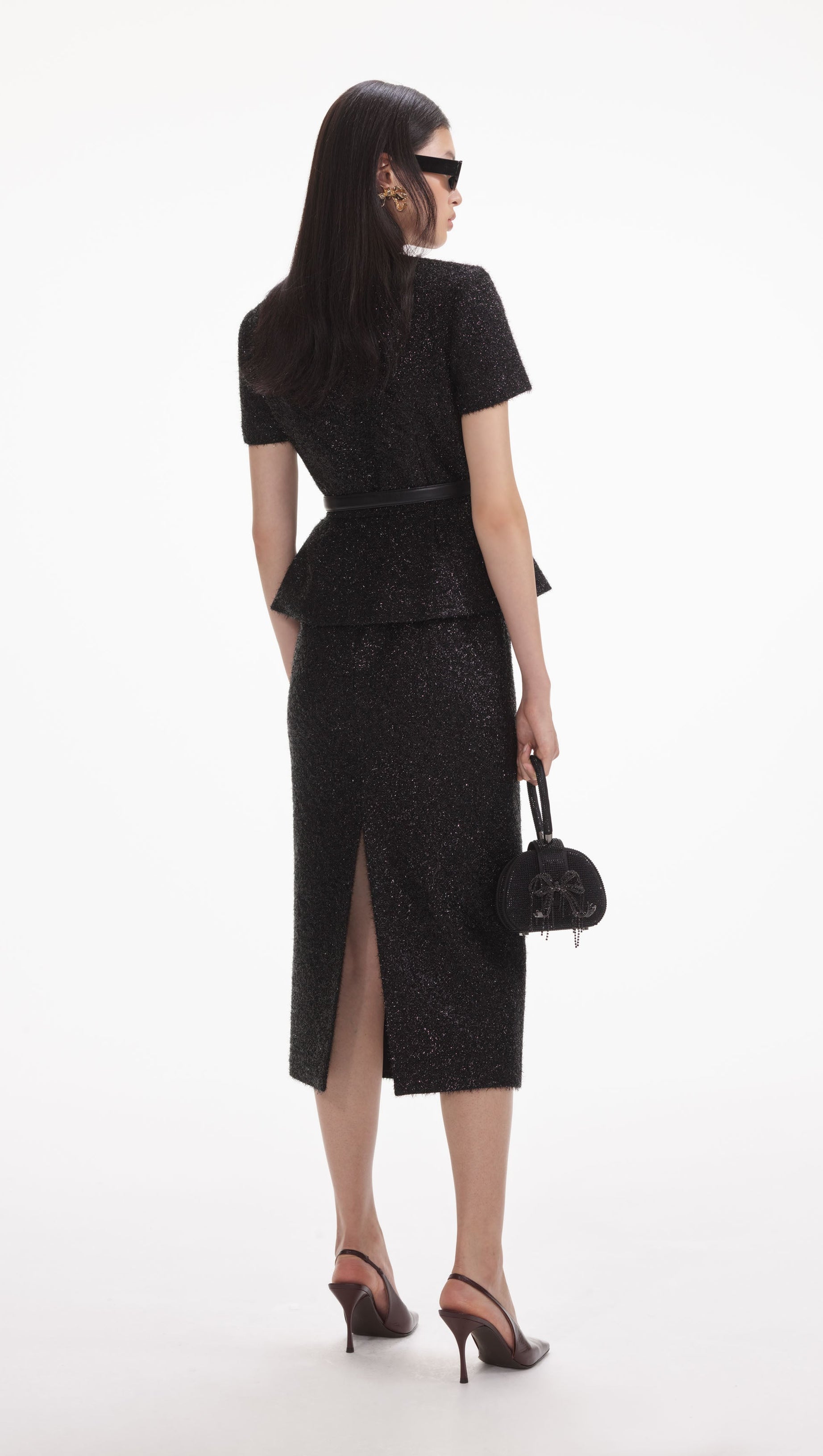 BLACK TINSEL BOUCLE TAILORED MIDI DRESS
