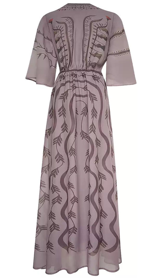 AIIZIE ELEGANT PRINTED MAXI DRESS WITH SHEER SLEEVES AND TIE - WAIST - product image