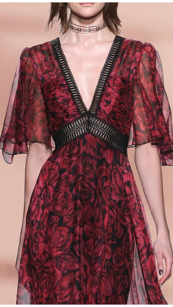 AIIZIE RED PRINTED ROSE V - NECK SHORT - SLEEVE MAXI DRESS - product image