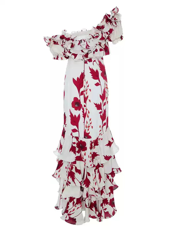 WHITE RED FLORAL OFF - SHOULDER TIERED MAXI DRESS