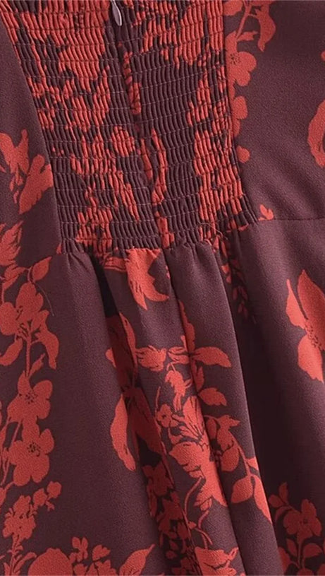 FLORAL PRINT SLIT MIDI DRESS IN BURGUNDY