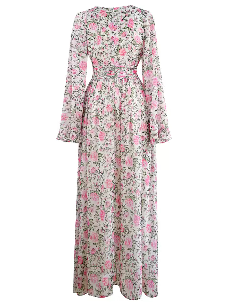 PINKPINK FLORAL CHIFFON MAXI DRESS WITH BELL SLEEVES AND V - NECK