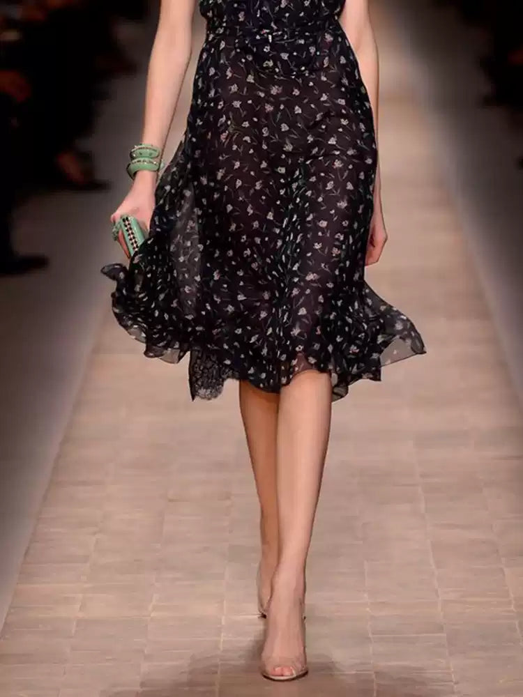 AIIZIE BLACK FLORAL PRINT DRESS WITH HIGH NECK AND BELT - product image