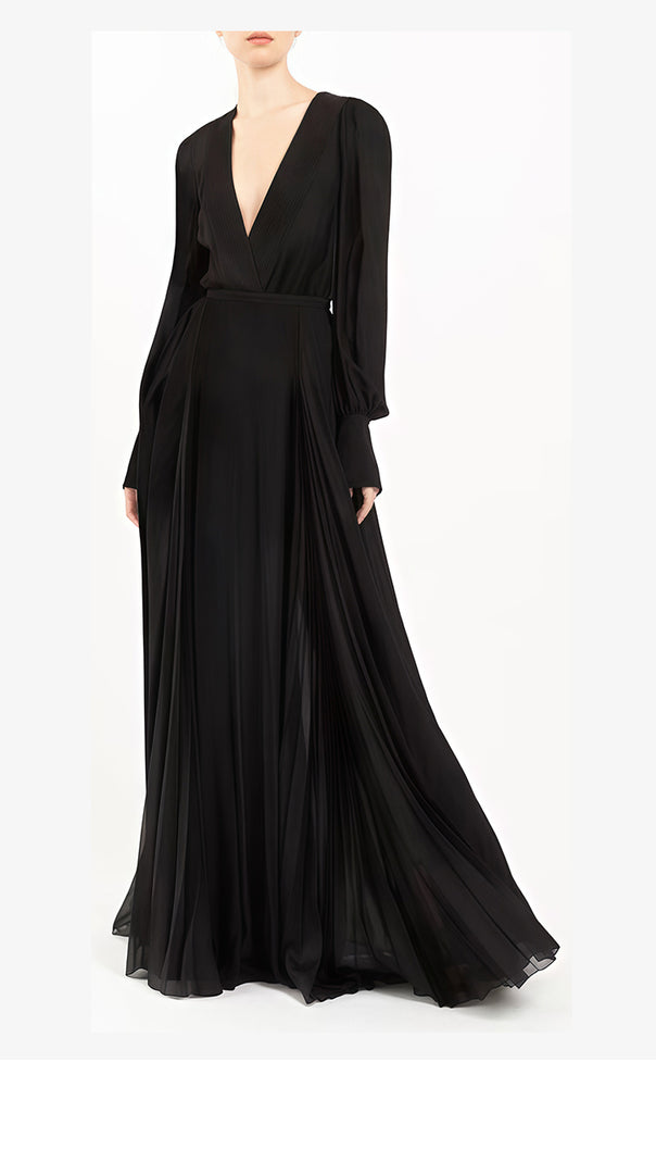 AIIZIE ELEGANT BLACK MAXI DRESS WITH DEEP V - NECK & LONG SLEEVES - product image