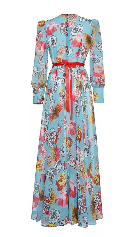 BLUE FLORAL PRINT V - NECK MAXI DRESS WITH RED BELT