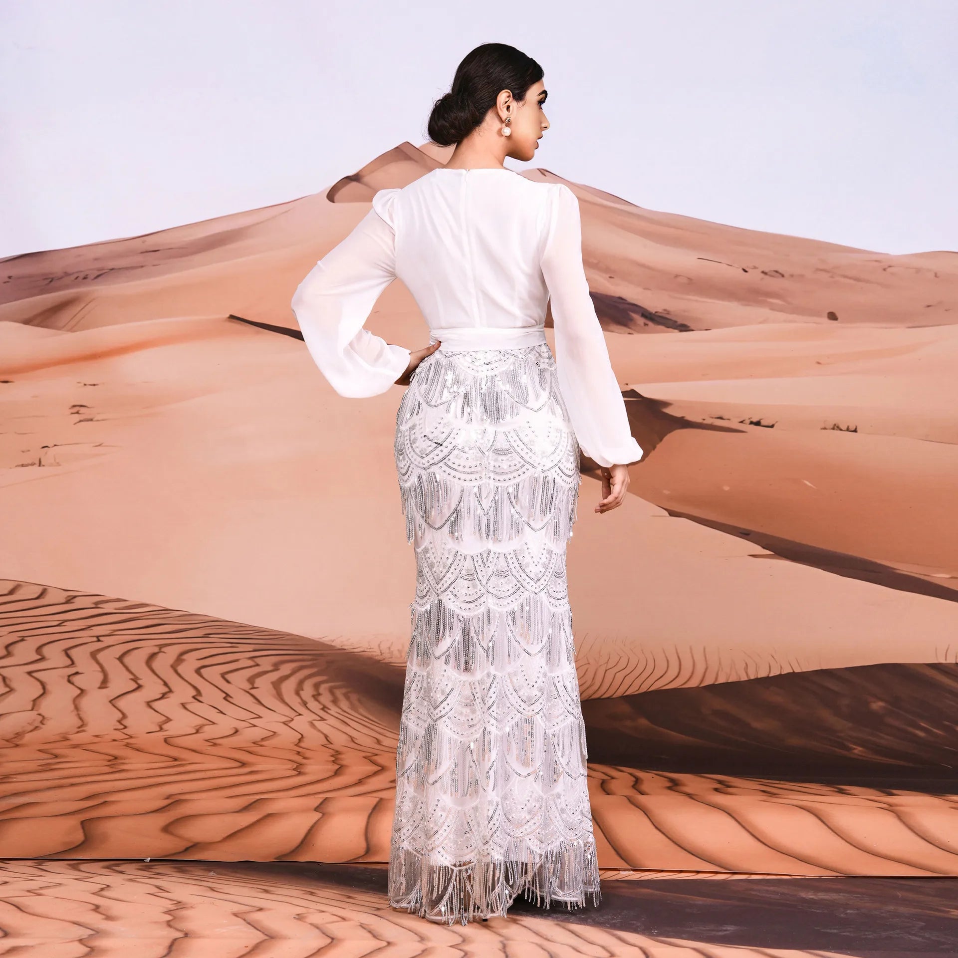 SEQUIN TASSEL LONG SLEEVE MAXI DRESS IN WHITE