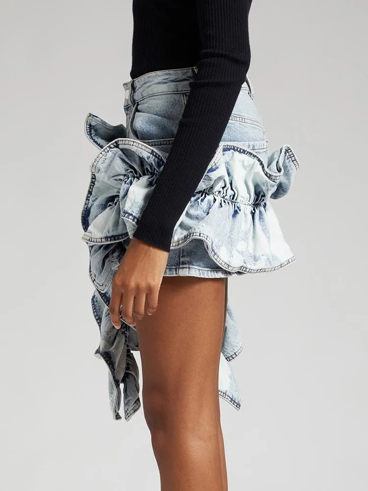 AIIZIE ERIN ACID WASH RUFFLE JEAN SKIRT - product image