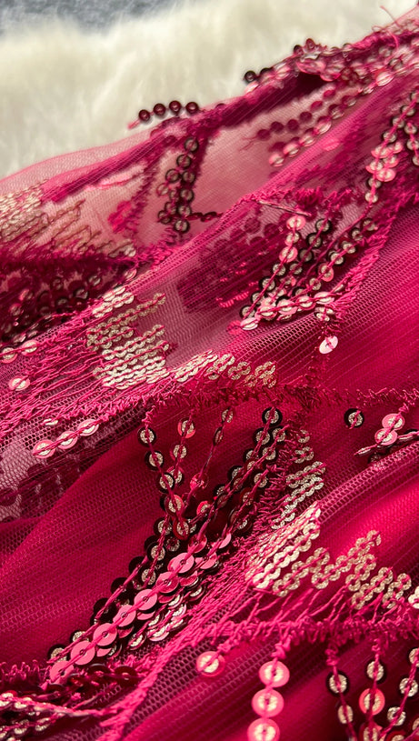 CAROL SEQUIN FRINGE MAXI DRESS IN RED