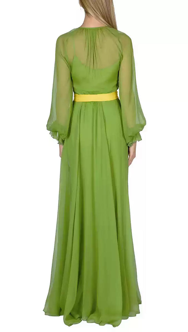 AIIZIE GREEN CHIFFON MAXI DRESS WITH YELLOW BELT AND SHEER SLEEVES - product image