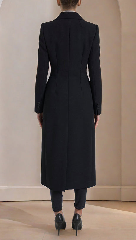 BLACK LONG TRENCH COAT  WITH DOUBLE BREASTED DESIGN