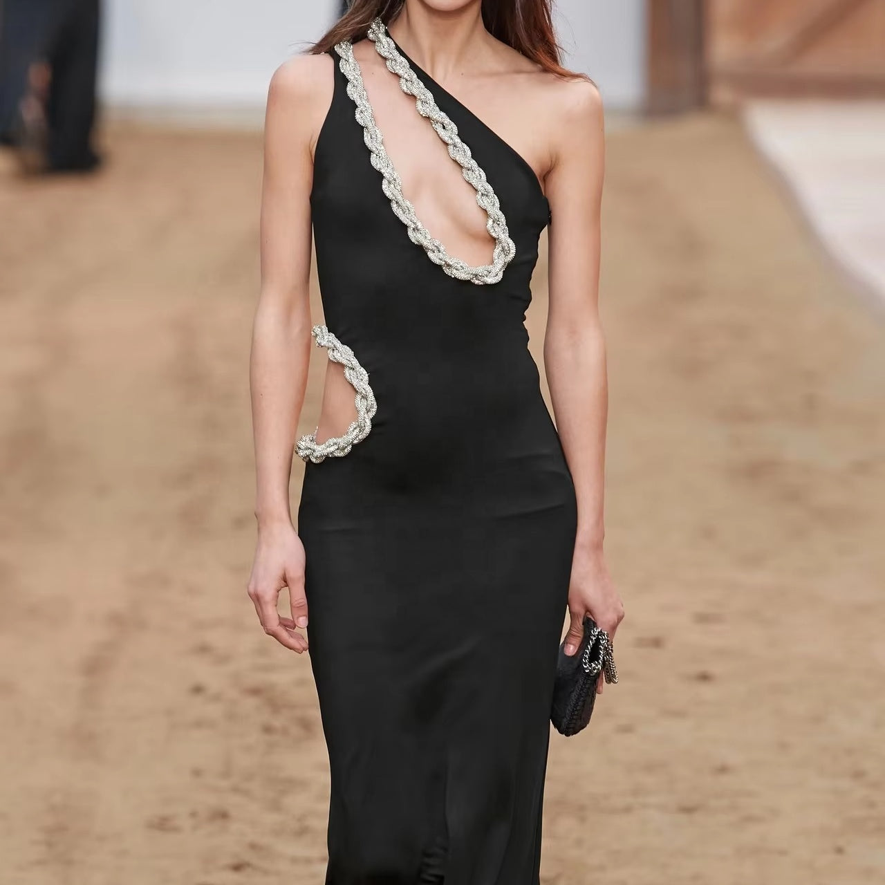 CRYSTAL BRAIDED ROPE CUT-OUT MAXI DRESS IN BLACK