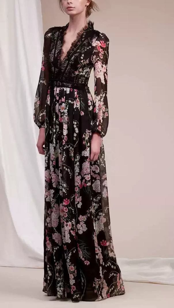 AIIZIE BLACK FLORAL LONG SLEEVE MAXI DRESS WITH V - NECK AND LACE DETAIL - product image
