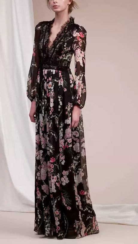 BLACK FLORAL LONG SLEEVE MAXI DRESS WITH V - NECK AND LACE DETAIL