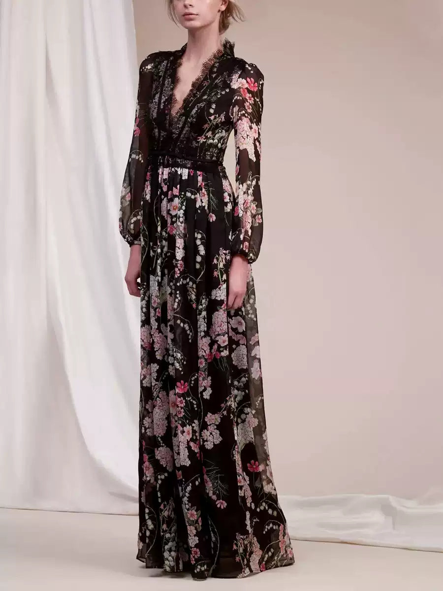 Schwarzes, langärmliges Maxikleid mit Blumenmuster, V-Ausschnitt und Spitzendetail 