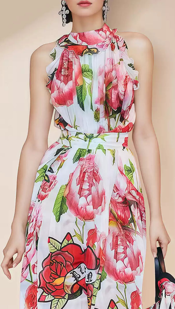 AIIZIE RED WATERCOLOR FLORAL CHIFFON SLEEVELESS HOCO MAXI DRESS - product image