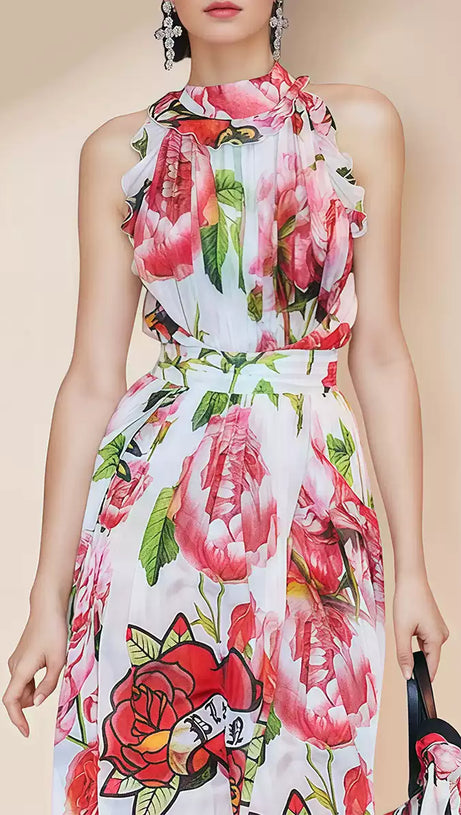 RED WATERCOLOR FLORAL CHIFFON SLEEVELESS HOCO MAXI DRESS