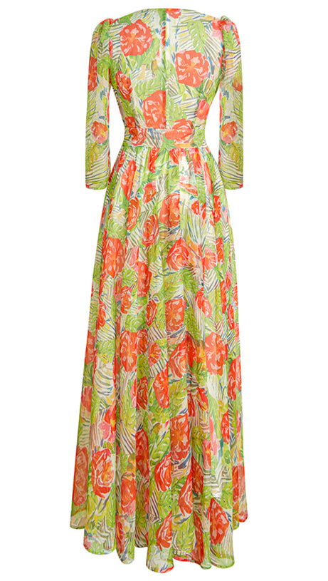 FLORAL PRINT V - NECK CHIFFON MAXI DRESS WITH BELT