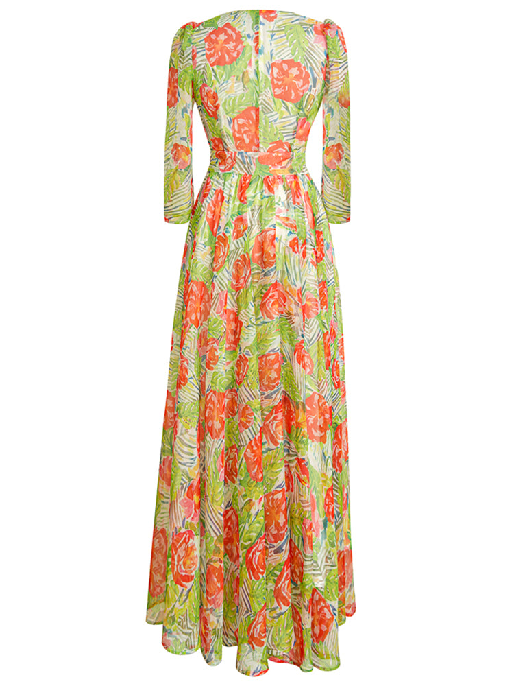 AIIZIE FLORAL PRINT V - NECK CHIFFON MAXI DRESS WITH BELT - product image
