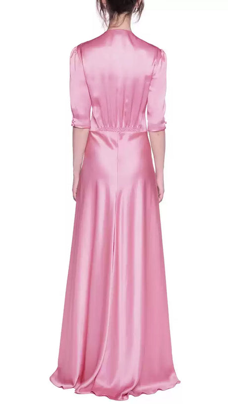PINK SATIN MAXI DRESS WITH V NECK AND BUTTON FRONT