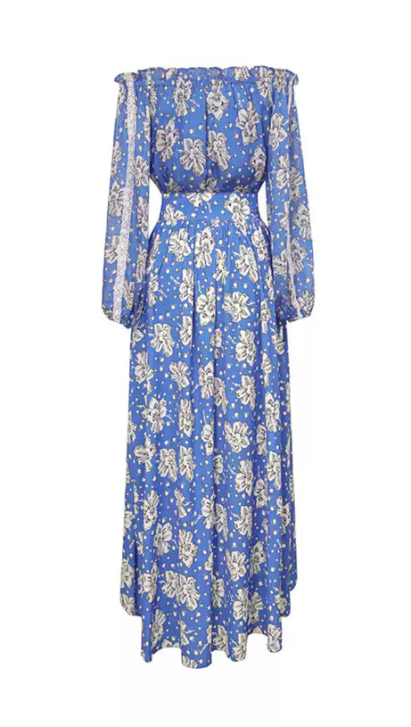 ELEGANT BLUE FLORAL OFF - SHOULDER MAXI DRESS WITH LACE TRIM