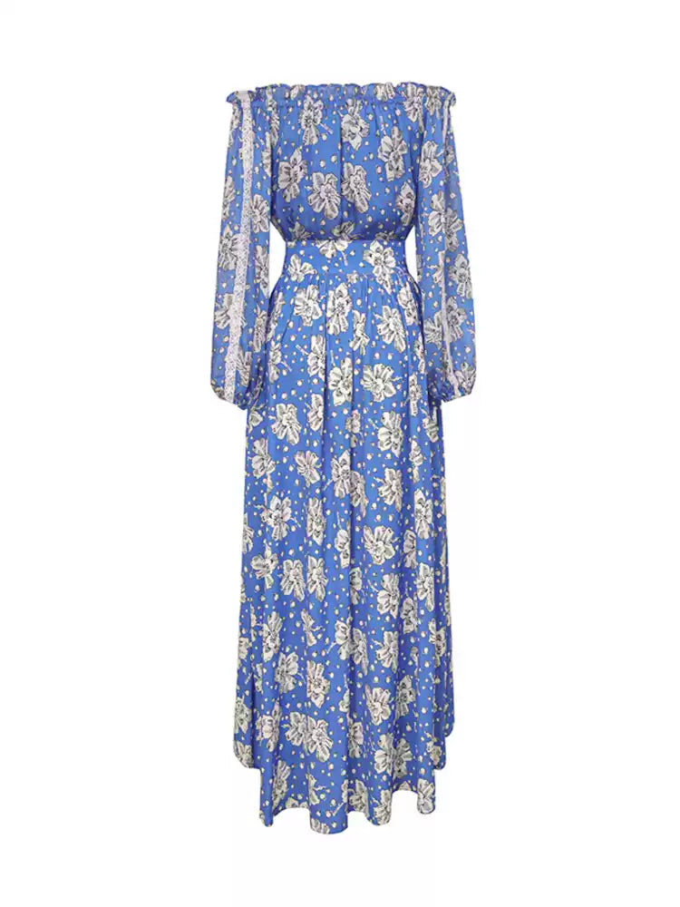 AIIZIE ELEGANT BLUE FLORAL OFF - SHOULDER MAXI DRESS WITH LACE TRIM - product image
