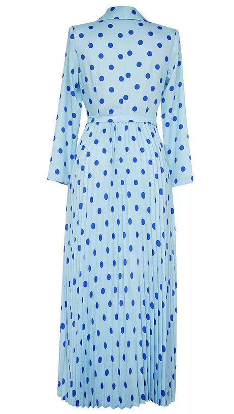 LIGHT BLUE POLKA DOT WRAP DRESS WITH PLEATED SKIRT