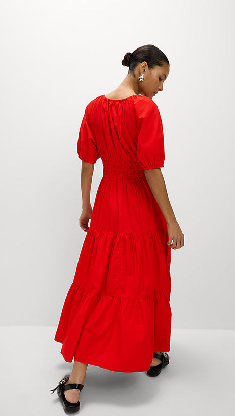 ABITO IN PURO COTONE CON COLLO A CRAVATTA E VITA ALTA ROSSO