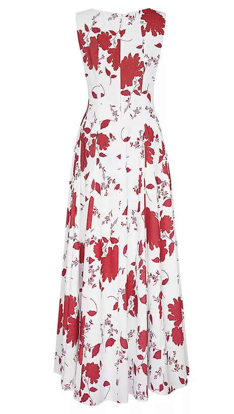WHITE MAXI DRESS WITH RED FLORAL PRINTS AND SQUARE NECKLINE