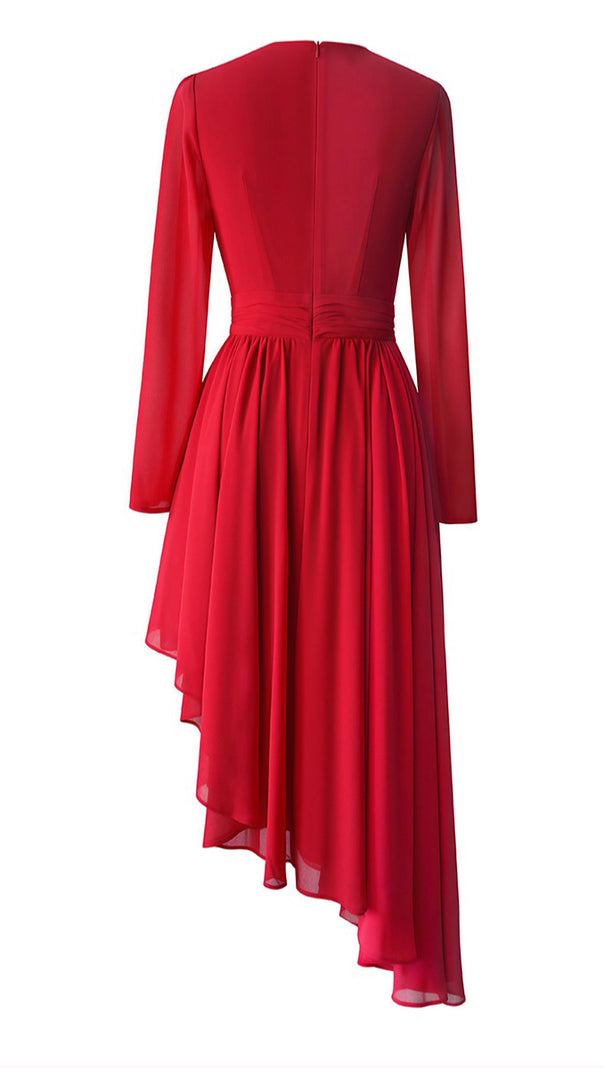AIIZIE RED CHIFFON ASYMMETRIC MIDI DRESS WITH PLEATED DETAIL - product image