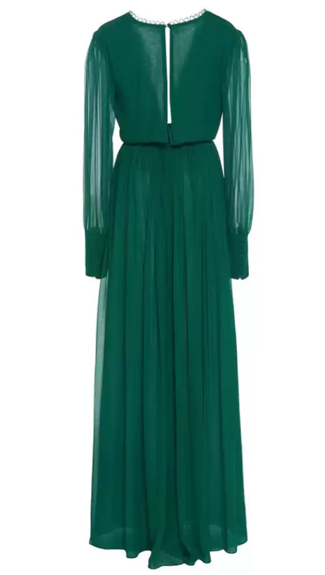 EMERALD GREEN CHIFFON MAXI DRESS WITH SHEER SLEEVES AND KEYHOLE BACK