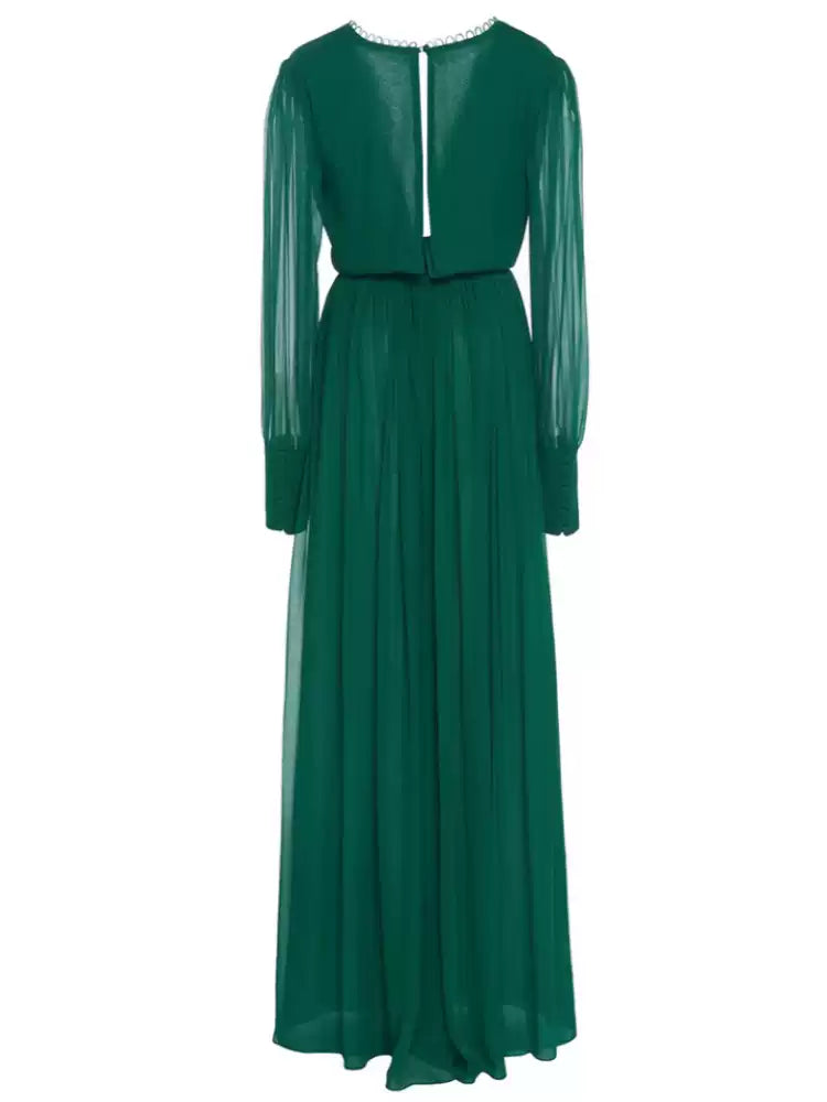 AIIZIE EMERALD GREEN CHIFFON MAXI DRESS WITH SHEER SLEEVES AND KEYHOLE BACK - product image
