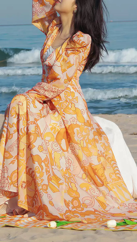 ORANGE PRINT SHEER SLEEVE V - NECK MIDI DRESS