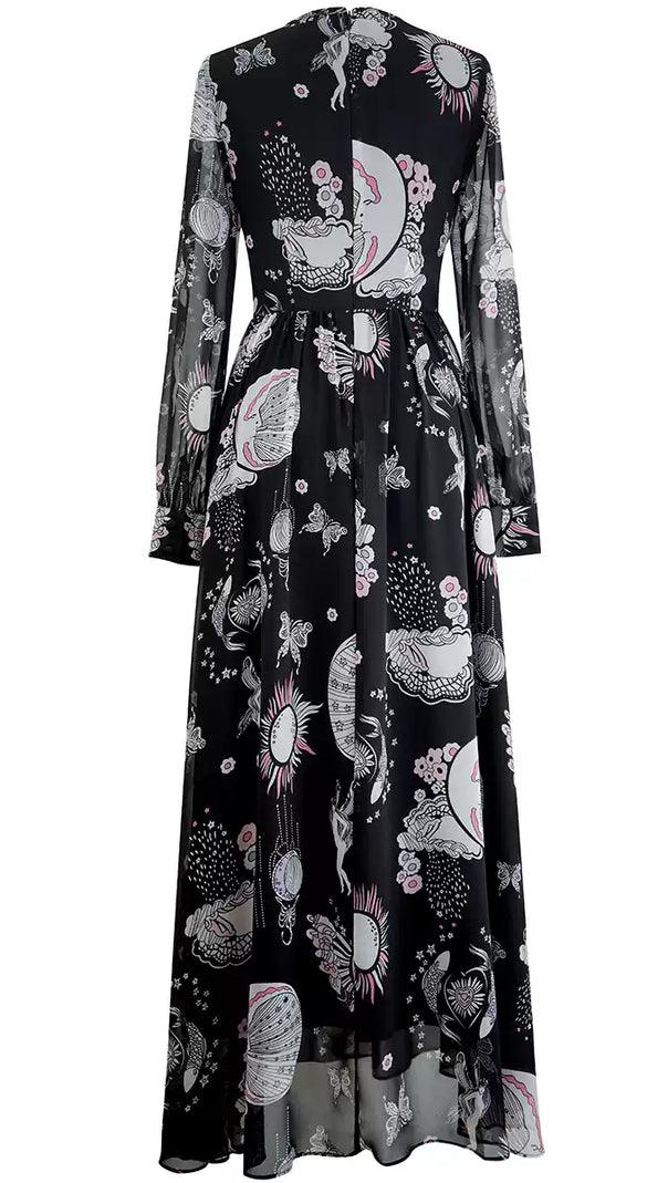 AIIZIE BLACK MAXI DRESS WITH SHEER SLEEVES AND FANTASY PRINTS - product image