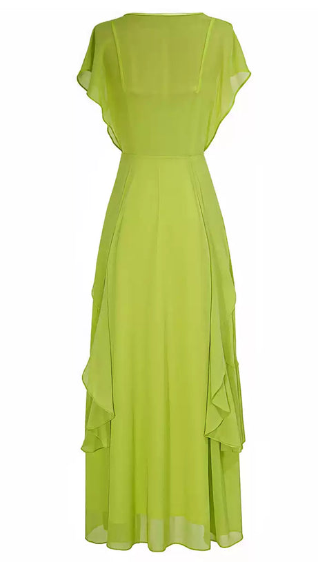 ELEGANT LIME GREEN CHIFFON MAXI DRESS WITH LAYERED DETAILS